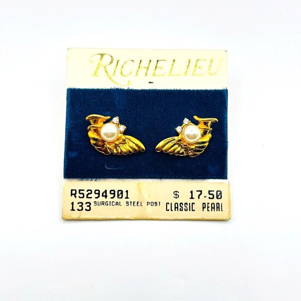 Vintage Signed Richelieu Classic Faux Pearl Gold Wing Stud Earrings